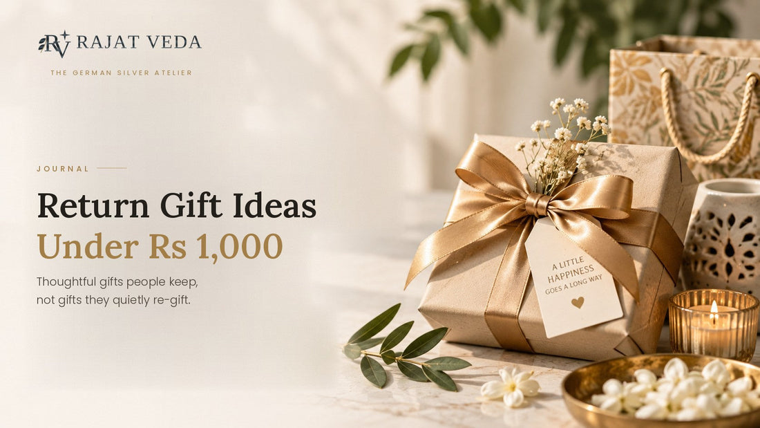 A return gift wrapped in kraft paper and gold ribbon with a hand-written tag, beside a gift bag, a lit candle and jasmine flowers