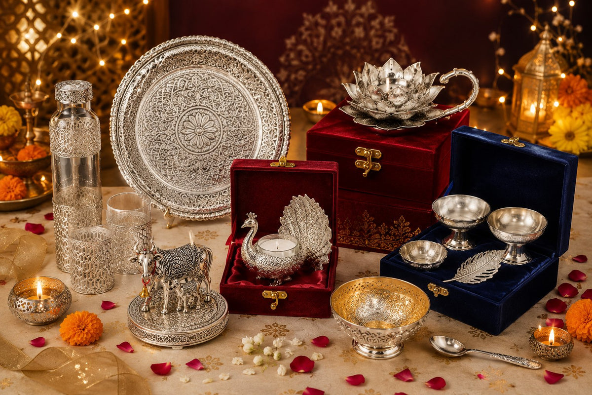 A German Silver pooja thali set laid out for aarti