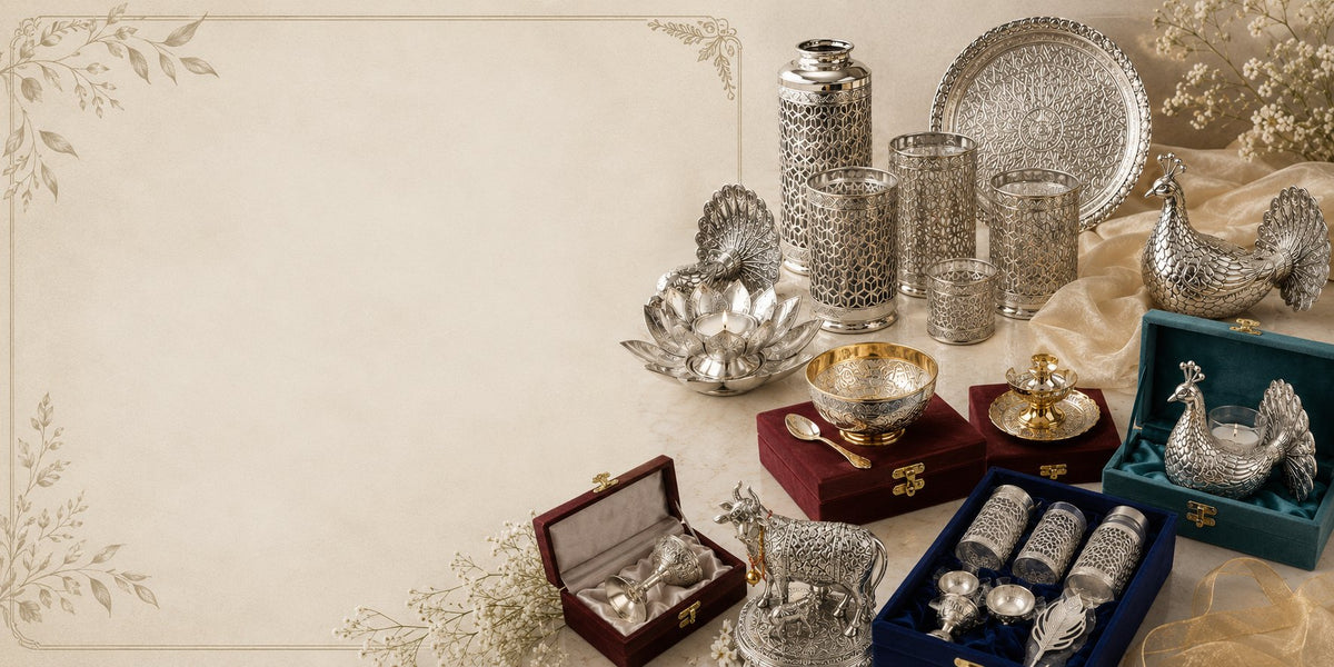 German Silver pooja pieces arranged on a table