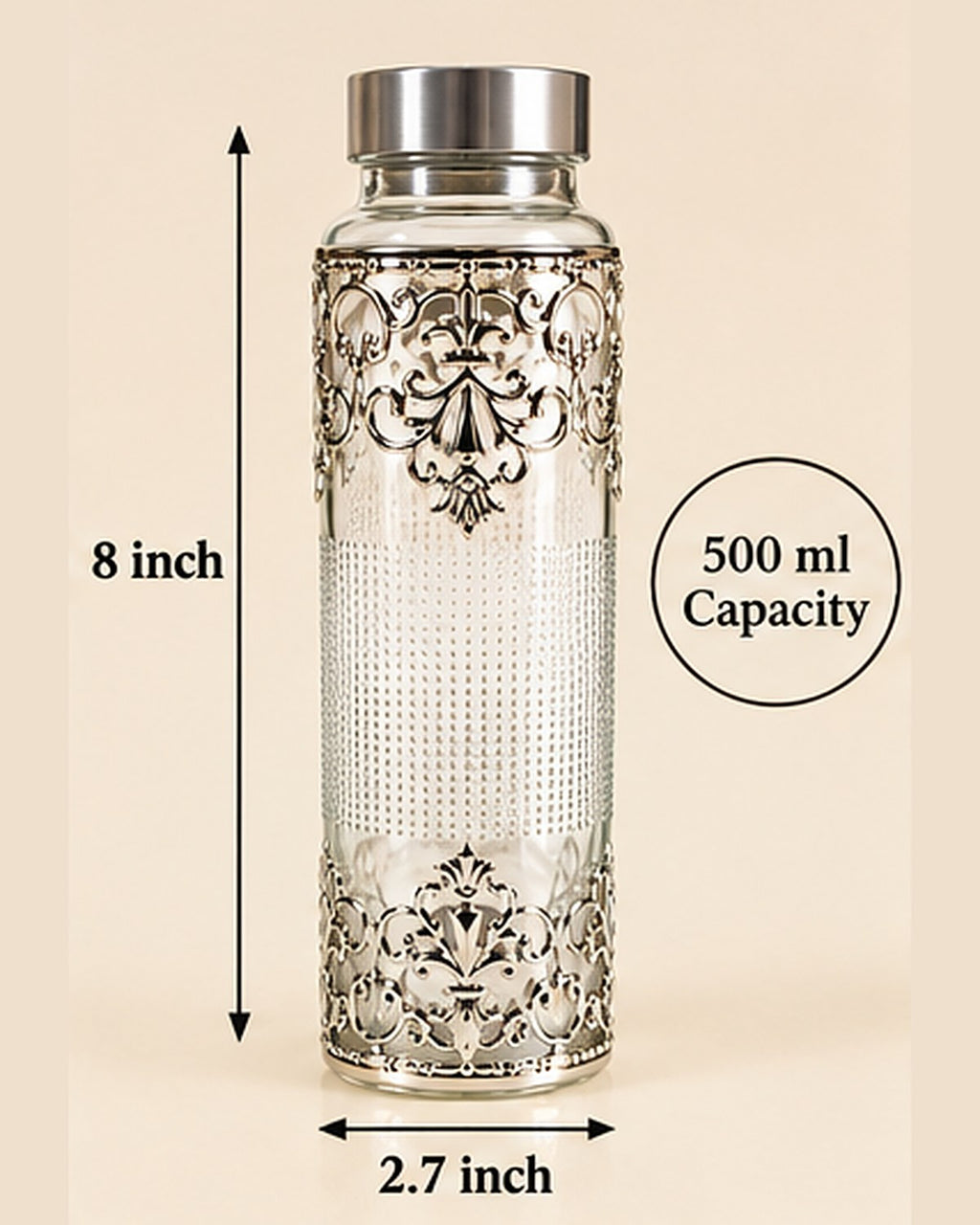 Size chart: bottle 8 inches tall, 2.7 inches wide, 500 ml capacity