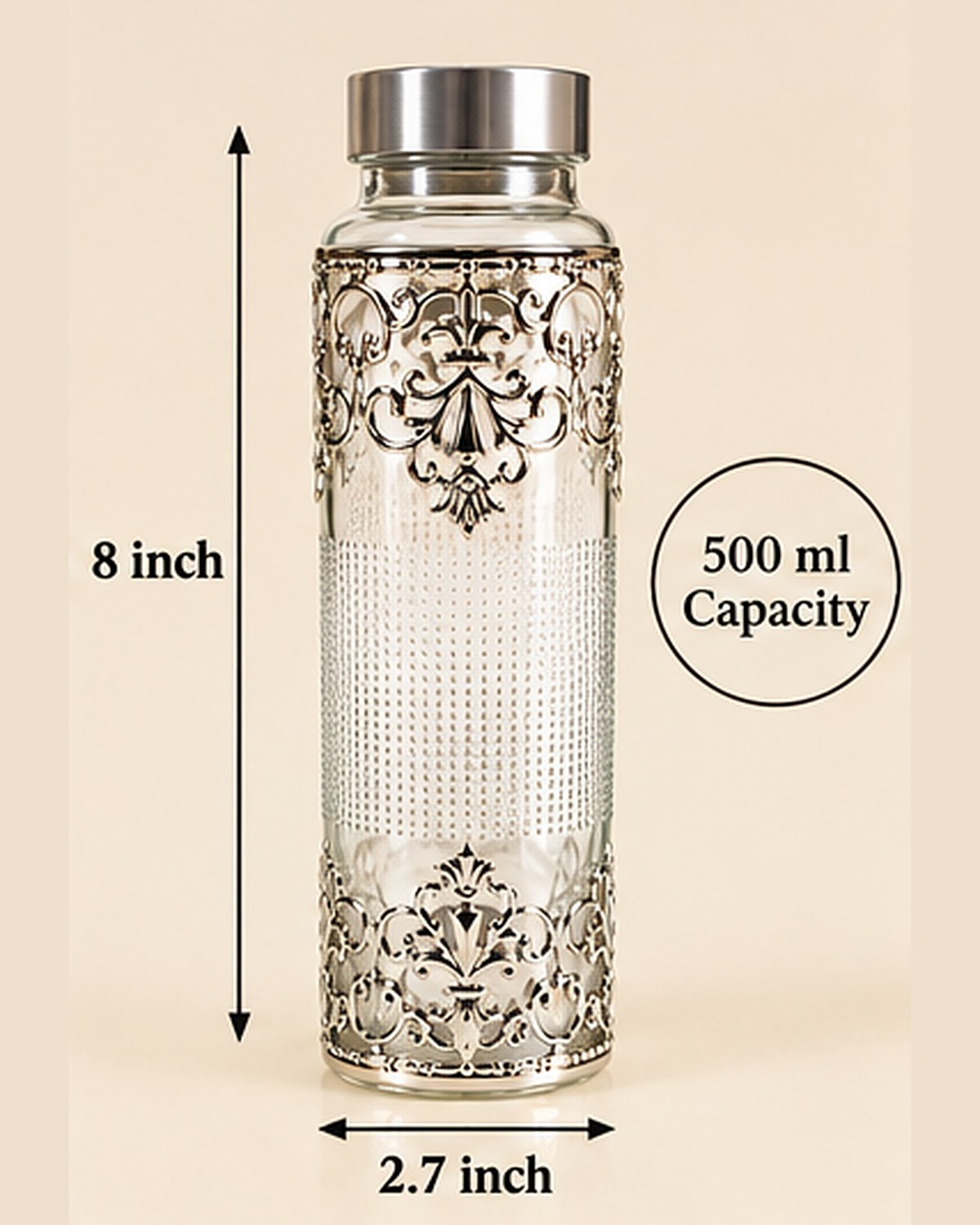 Size chart: bottle 8 inches tall, 2.7 inches wide, 500 ml capacity
