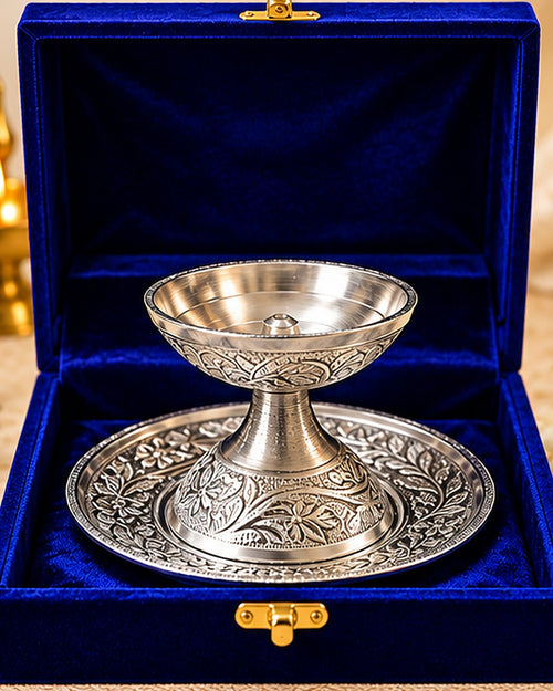 German Silver chirag oil lamp and its chased plate in a blue velvet gift box