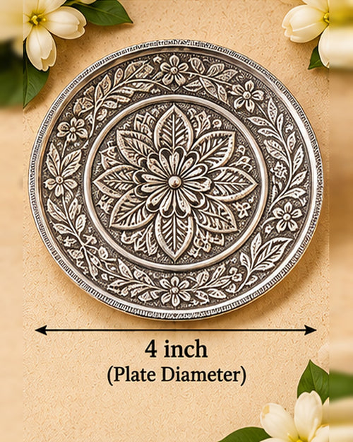 Size chart: the chased plate measures 4 inches across, lotus rosette at the centre