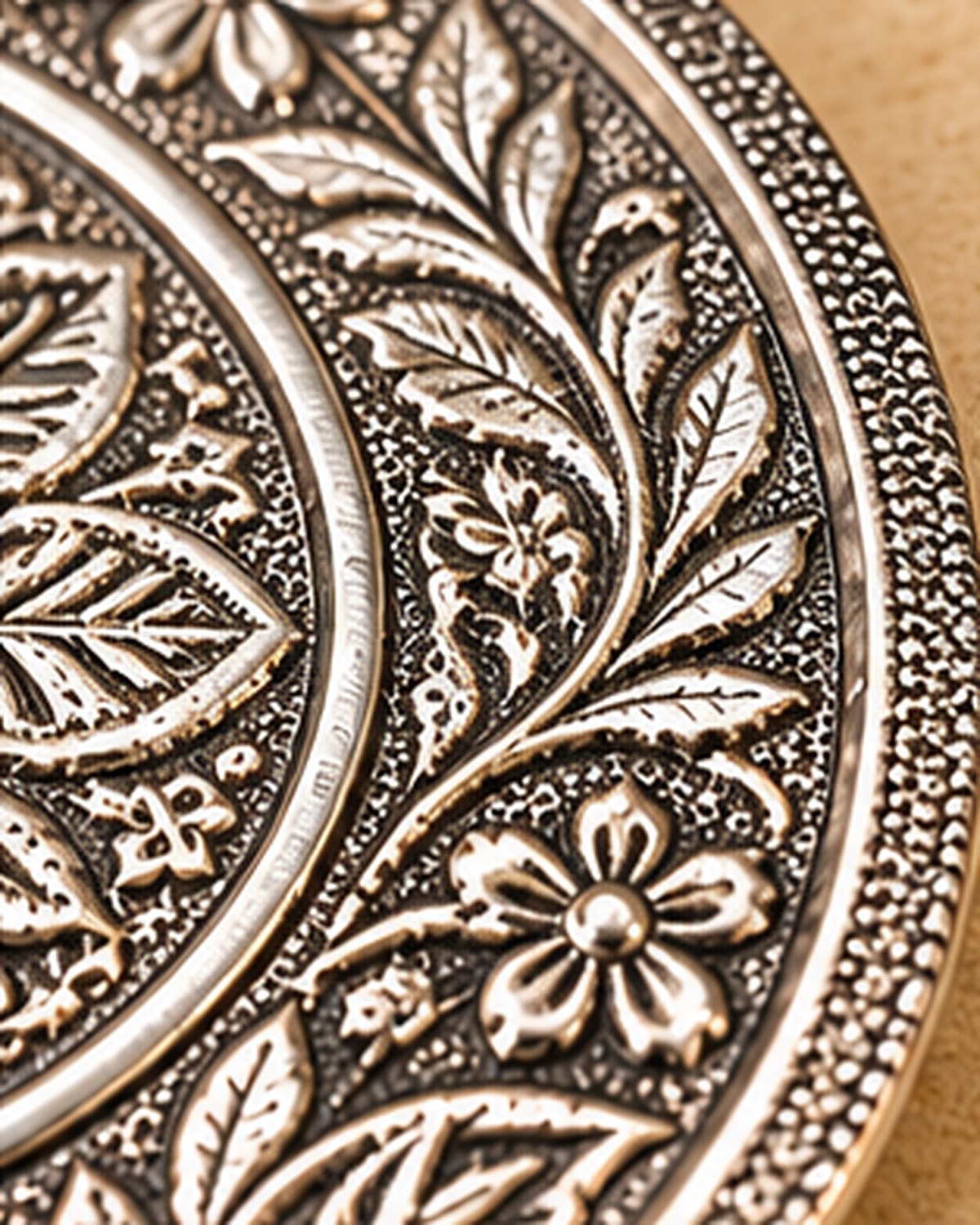 Floral band and beaded rim on the border of the chirag plate