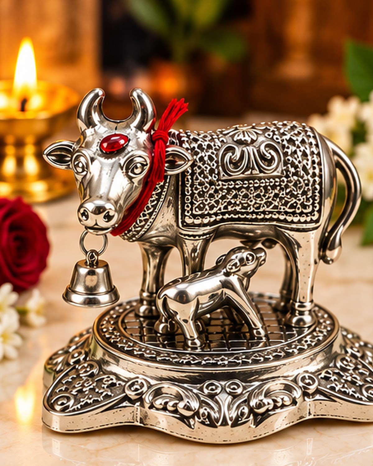 German Silver Kamdhenu cow and calf on a carved base beside a lit brass diya