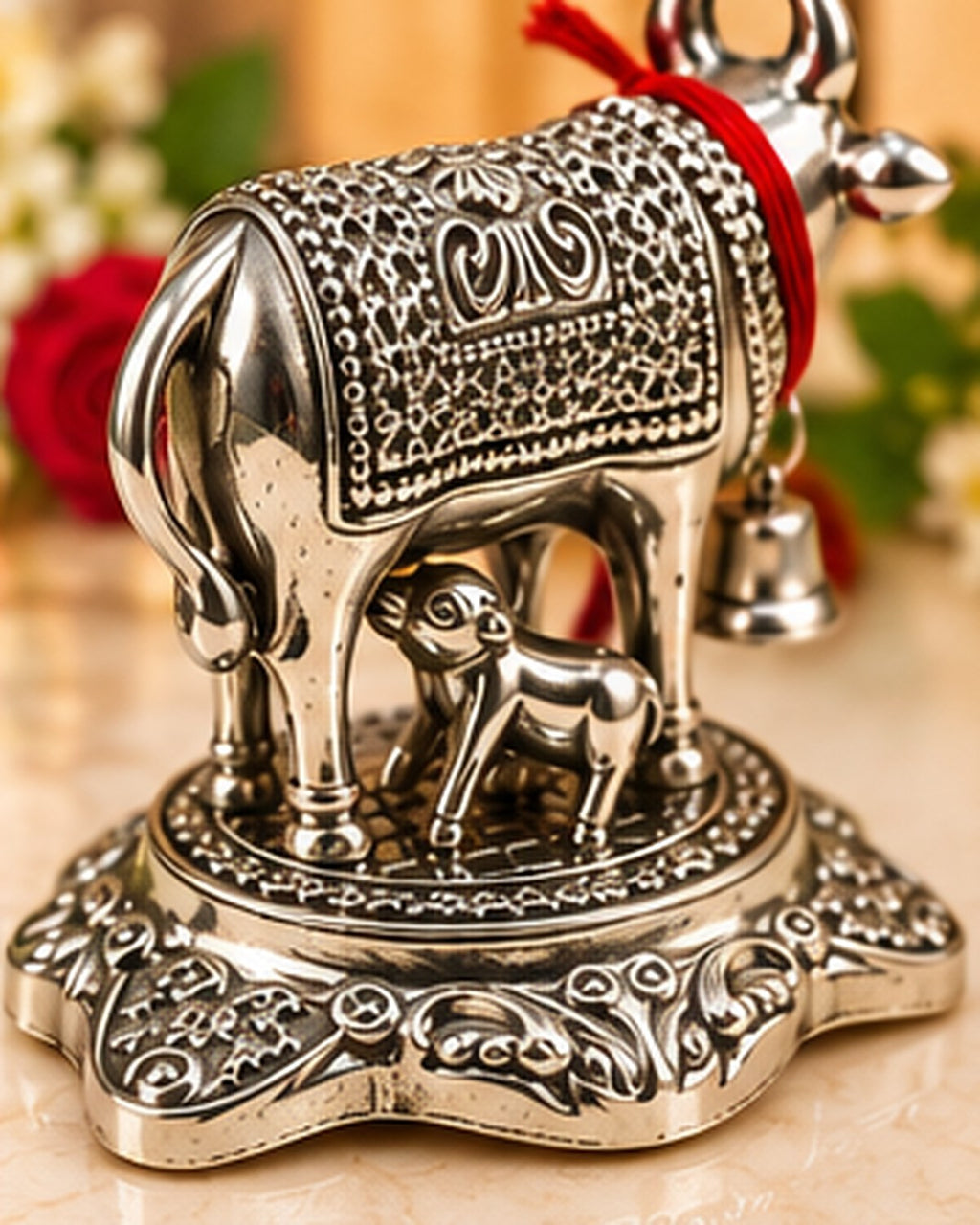 Kamdhenu cow and calf idol on marble with jasmine and a red rose behind it