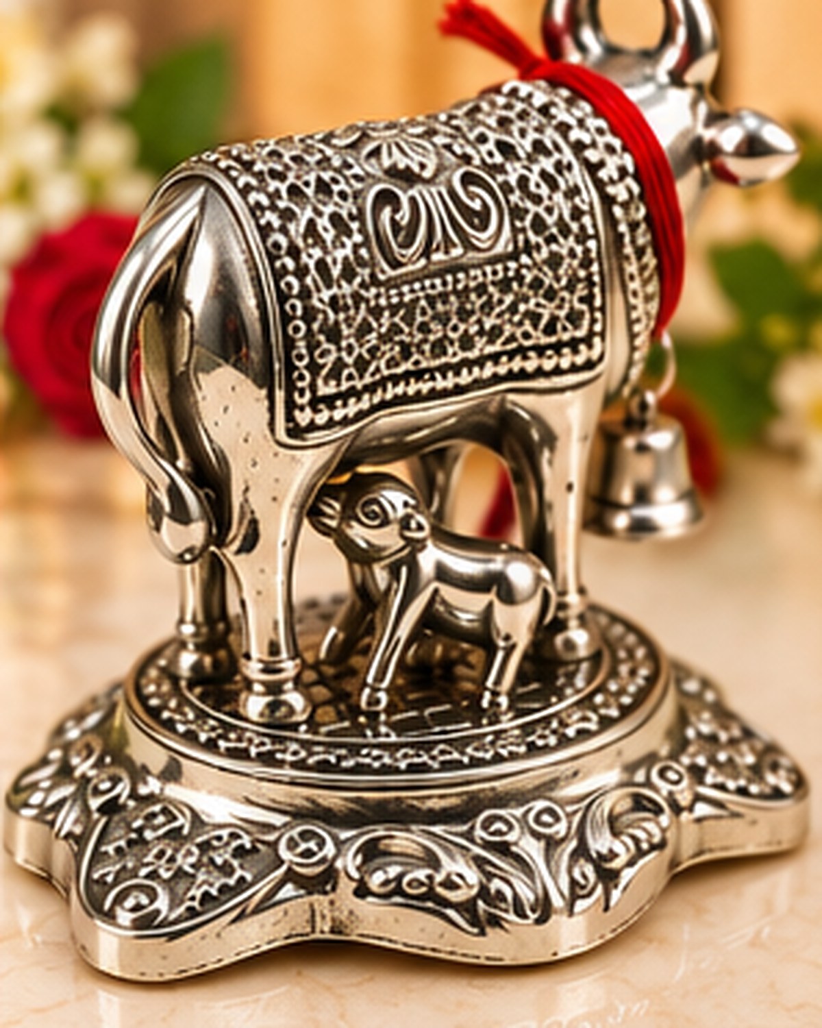 Kamdhenu cow and calf idol on marble with jasmine and a red rose behind it