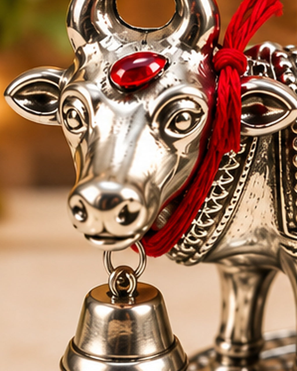 Close view of the cow's face, the red stone on her brow and the bell on a red thread