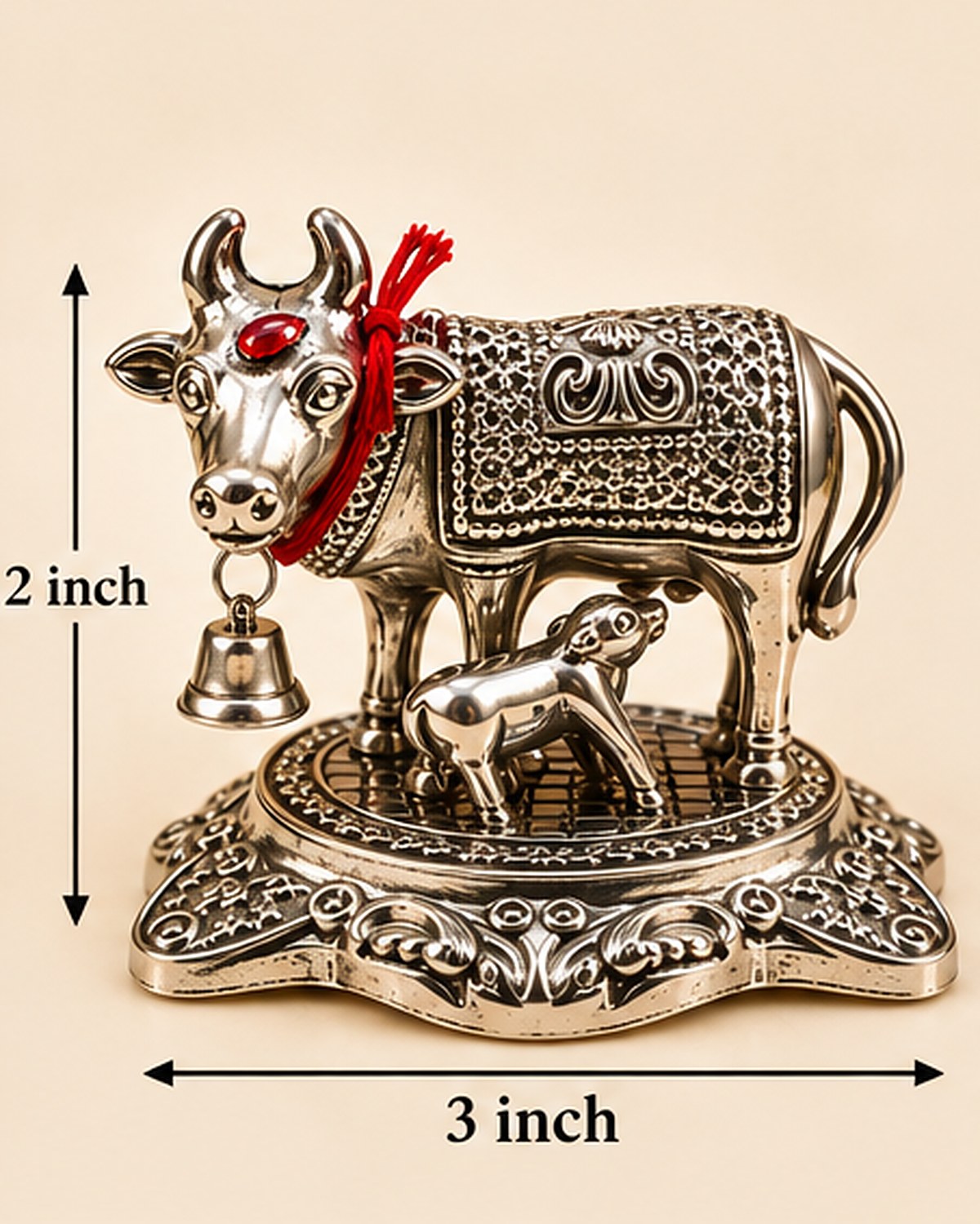 Size chart: Kamdhenu cow and calf, 3 inches wide and 2 inches tall