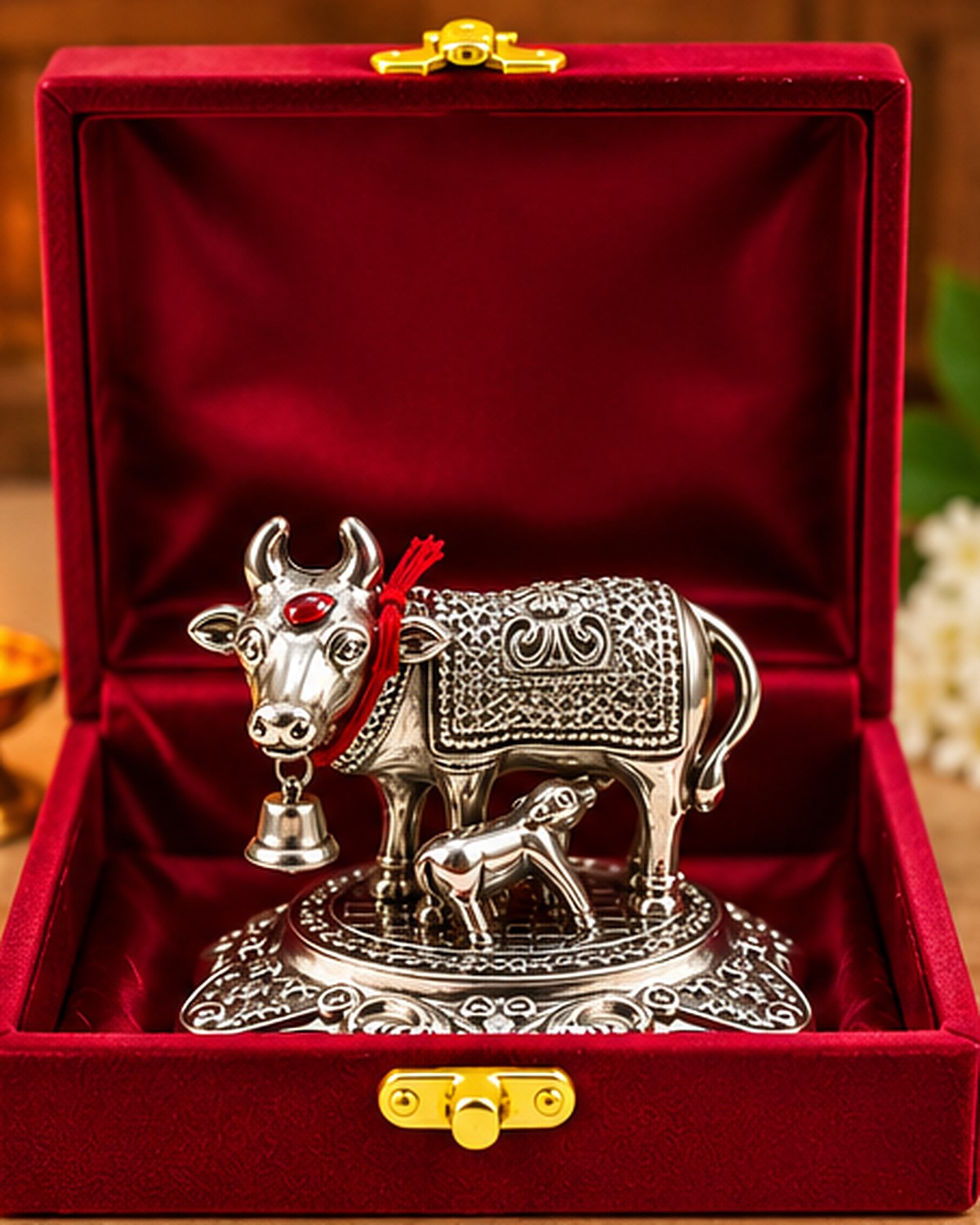 Kamdhenu cow and calf packed in a red velvet gift box with a brass clasp