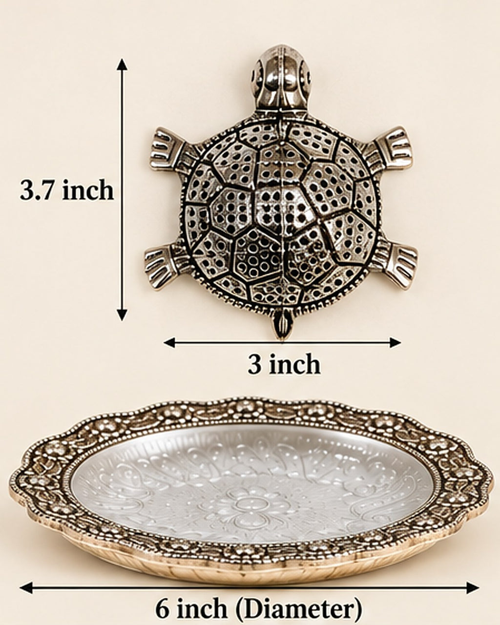 Size chart: tortoise 3.7 by 3 inches, pooja plate 6 inches in diameter