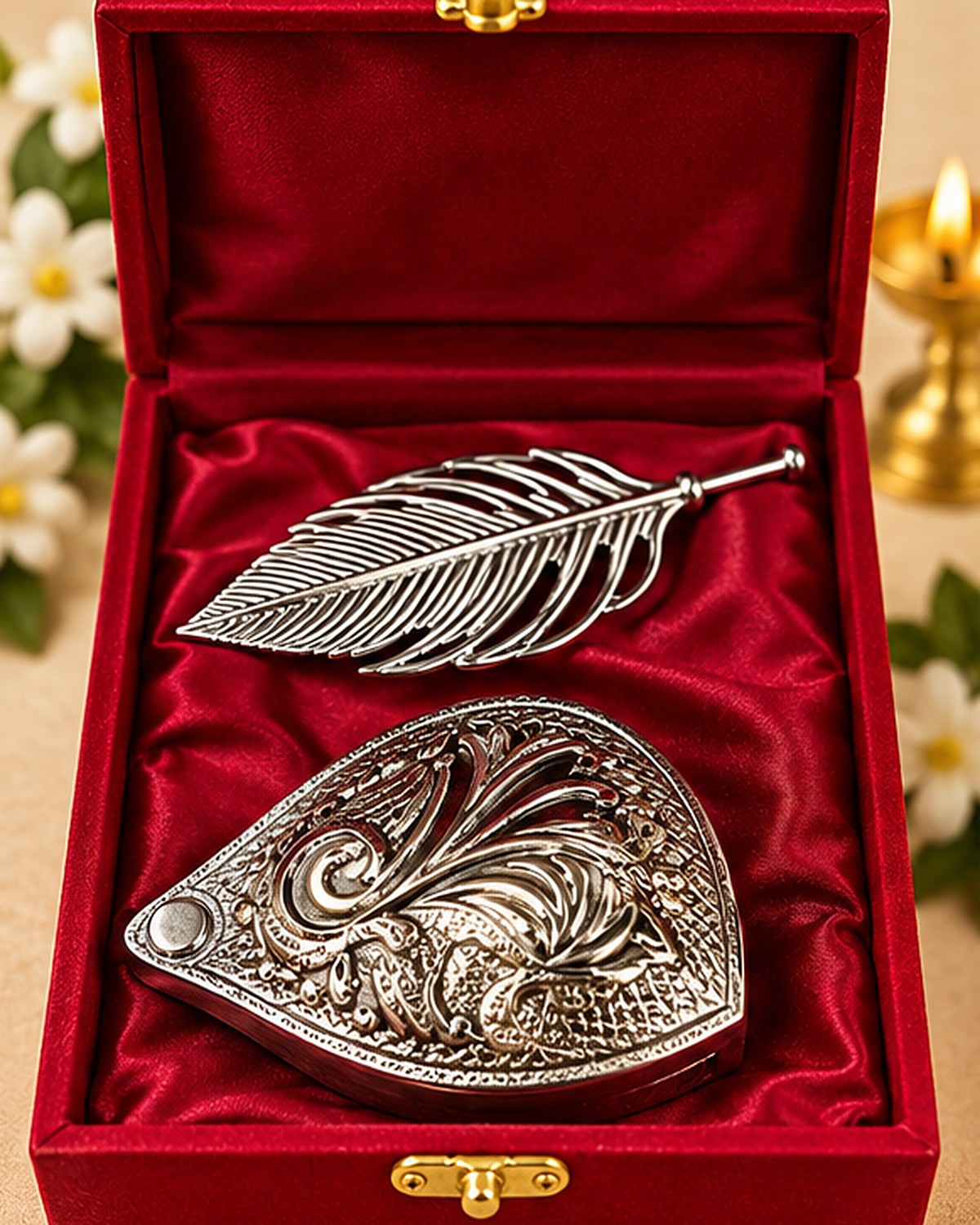 German Silver leaf sindoor daani and feather pin in a red velvet gift box