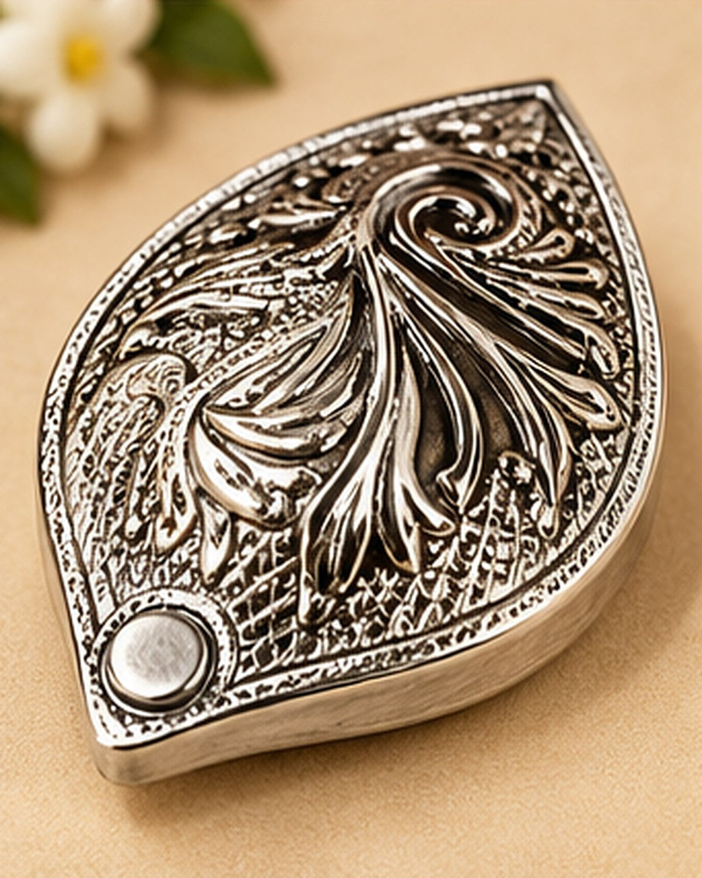 Leaf-shaped German Silver sindoor daani closed, chased plume across the lid