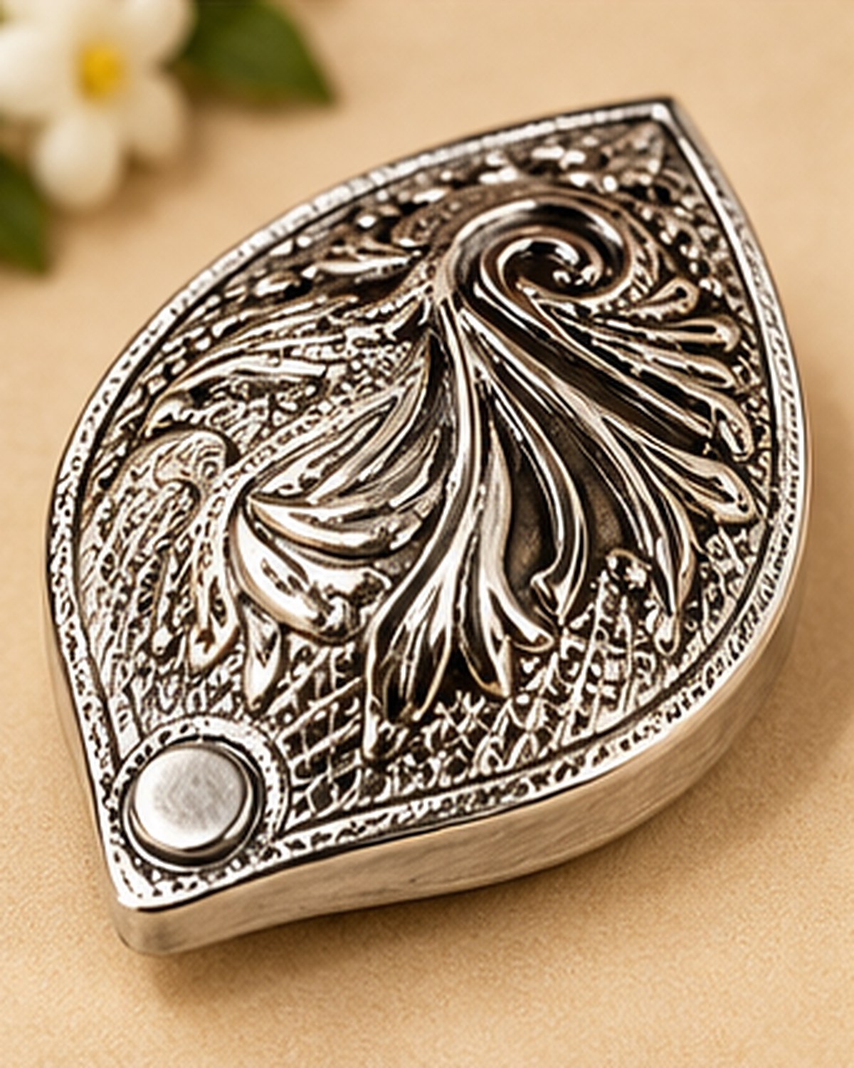 Leaf-shaped German Silver sindoor daani closed, chased plume across the lid