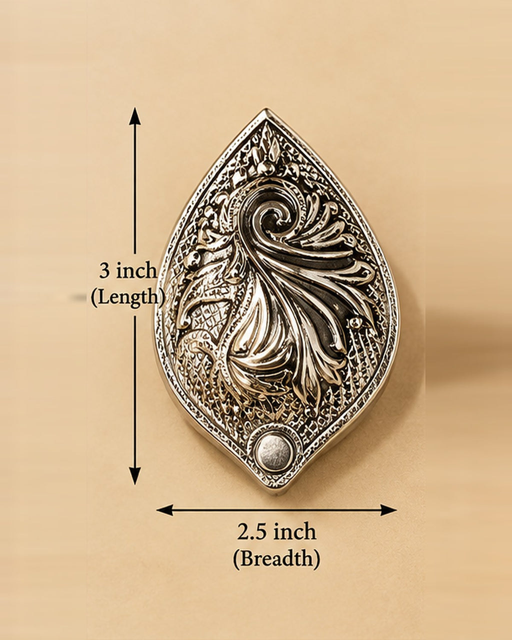 Size chart: the sindoor daani measures 3 inches long and 2.5 inches across