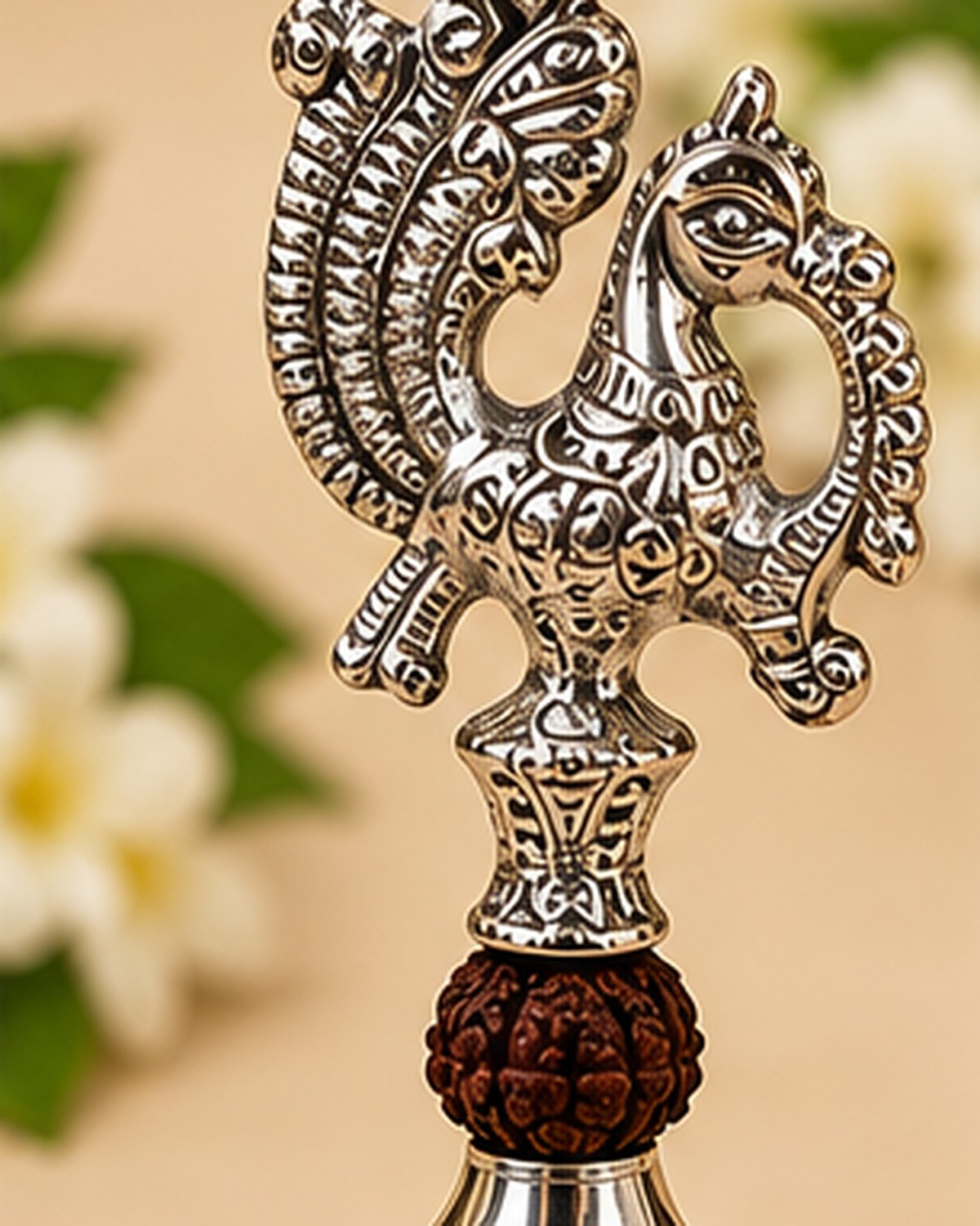 Two peacocks facing each other across the bell handle, above the rudraksha-form bead