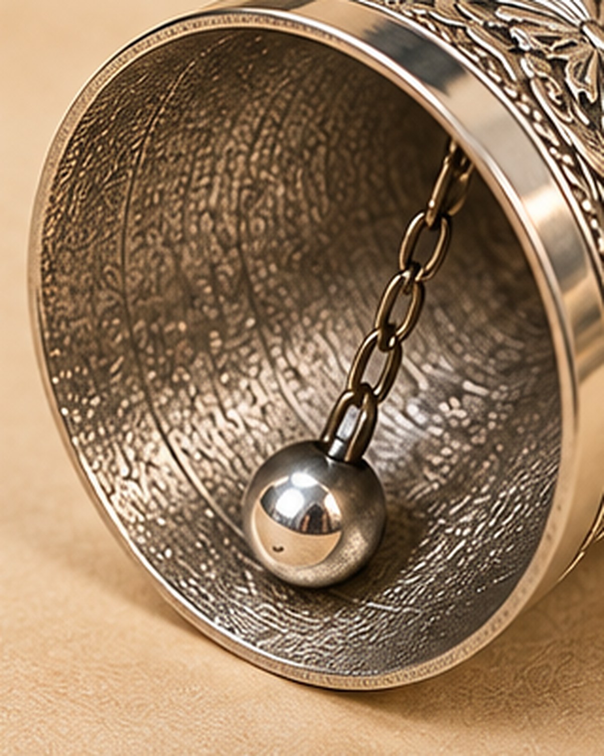 Inside the bell, showing the clapper ball hung on a chain