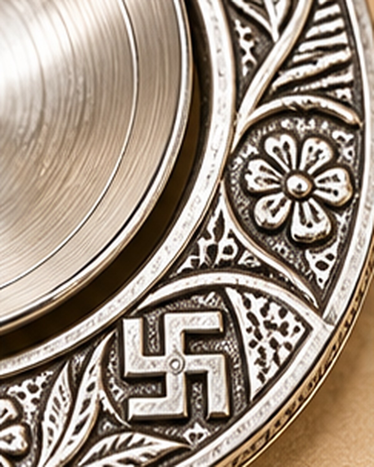 Chased floral border and swastika motif on the rim of the Om diya