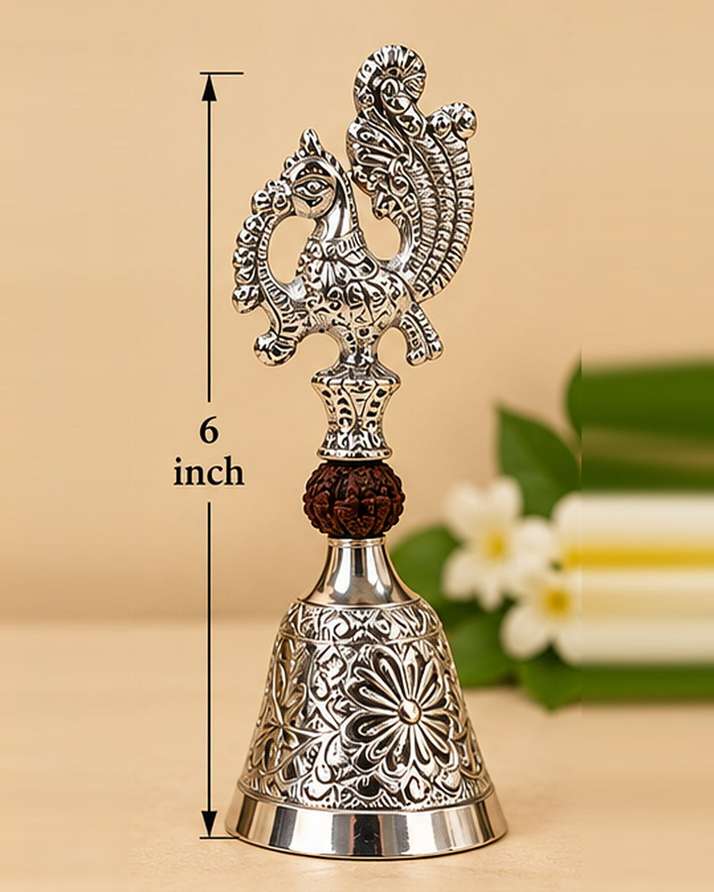 Size chart: the peacock pooja bell stands 6 inches tall