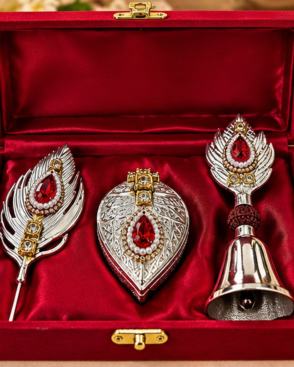 German Silver pooja bell, sindoor daani and feather pin in a red velvet gift box