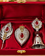 German Silver pooja bell, sindoor daani and feather pin in a red velvet gift box