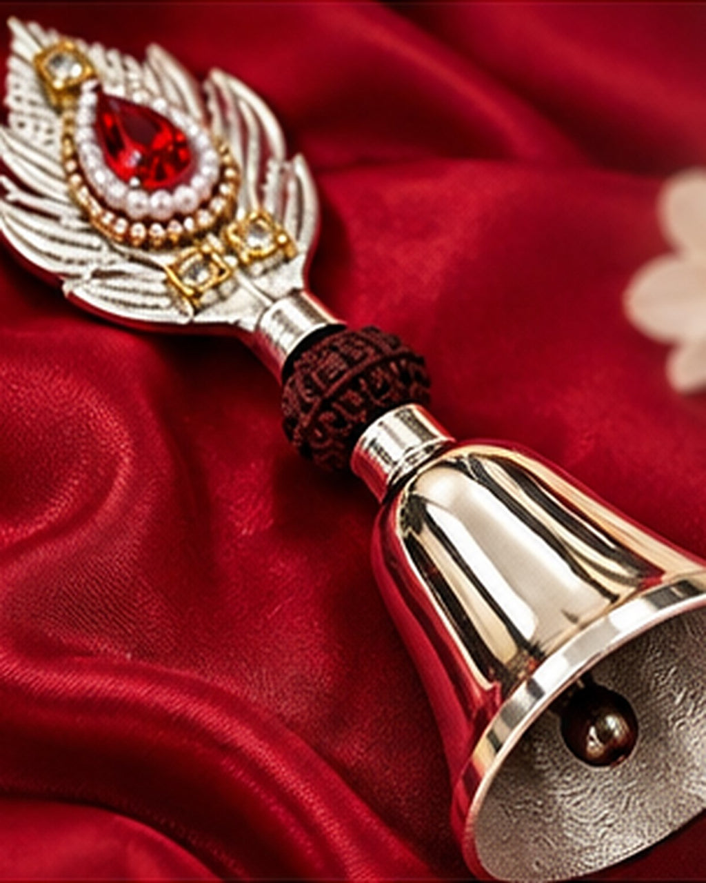 German Silver pooja bell with a feather crown handle and rudraksha-form bead