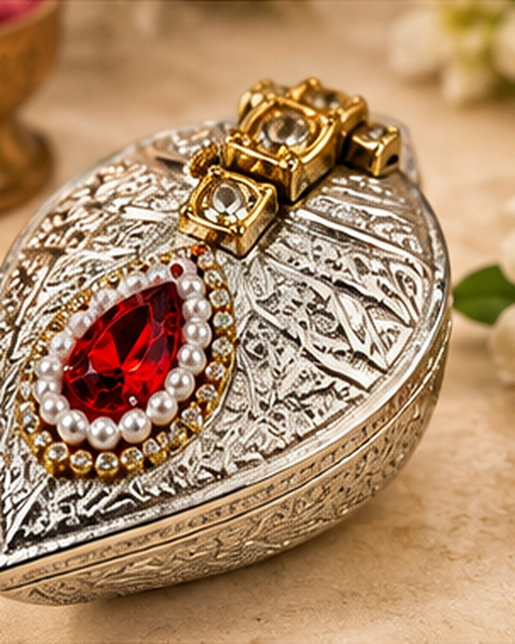 Engraved paan-leaf sindoor daani with a red stone and gold polish clasp