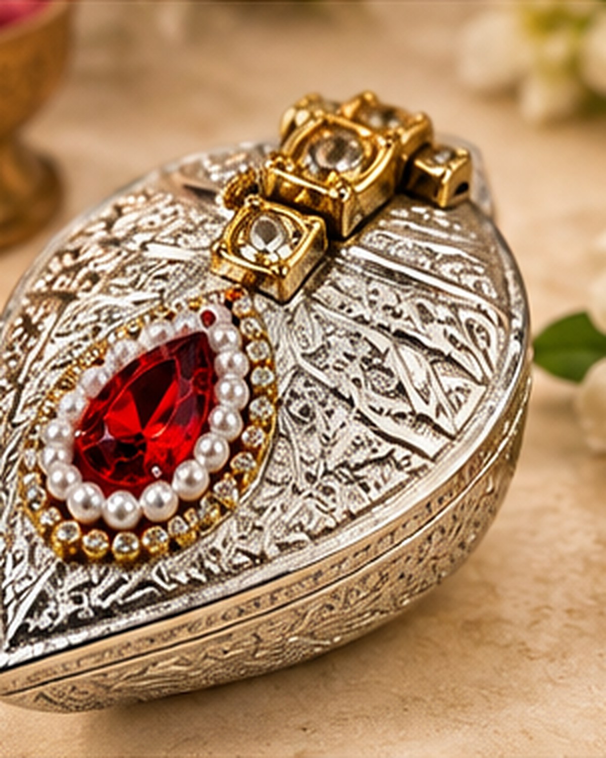 Engraved paan-leaf sindoor daani with a red stone and gold polish clasp