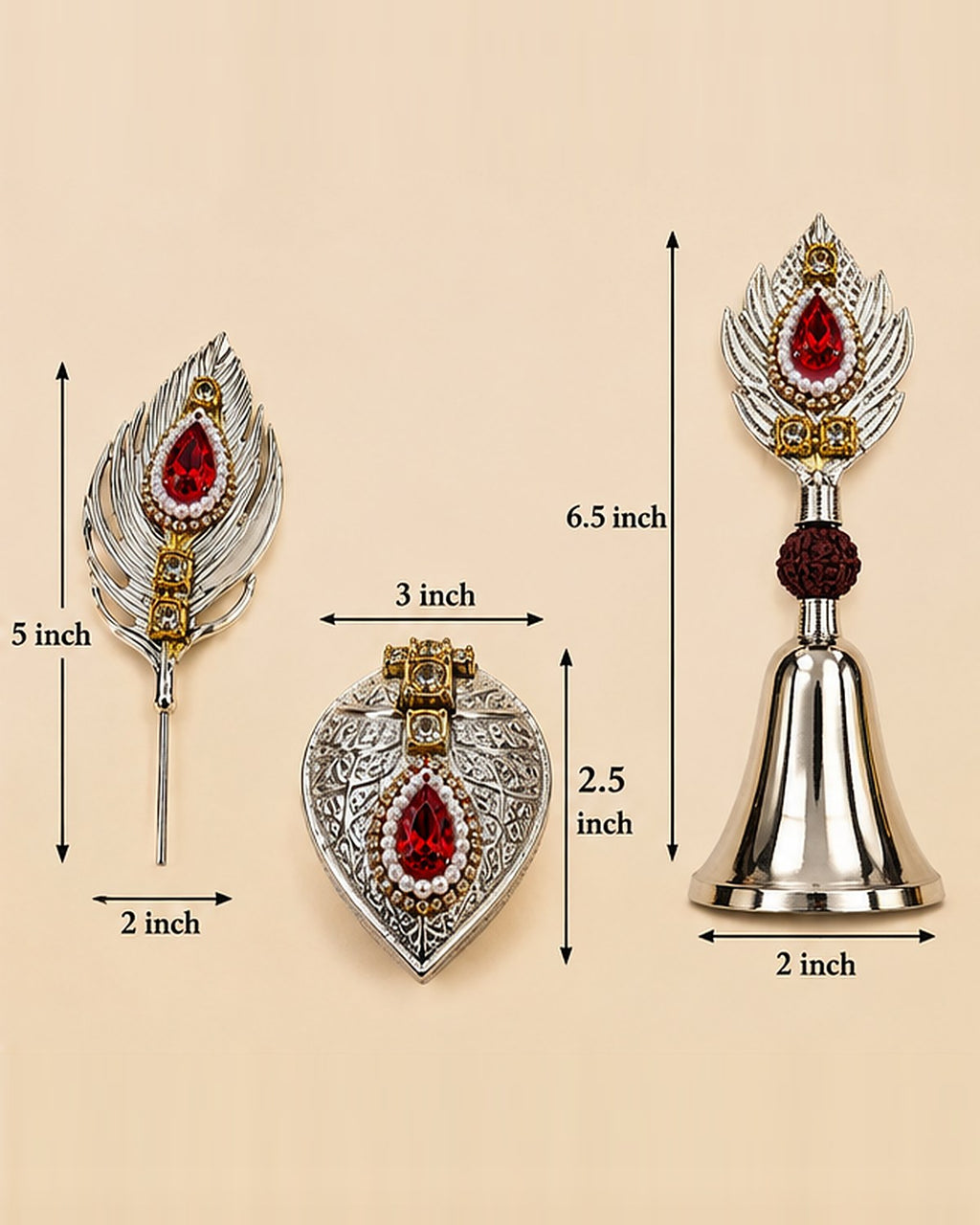 Size chart: bell 6.5 by 2 inches, daani 3 by 2.5 inches, pin 5 by 2 inches