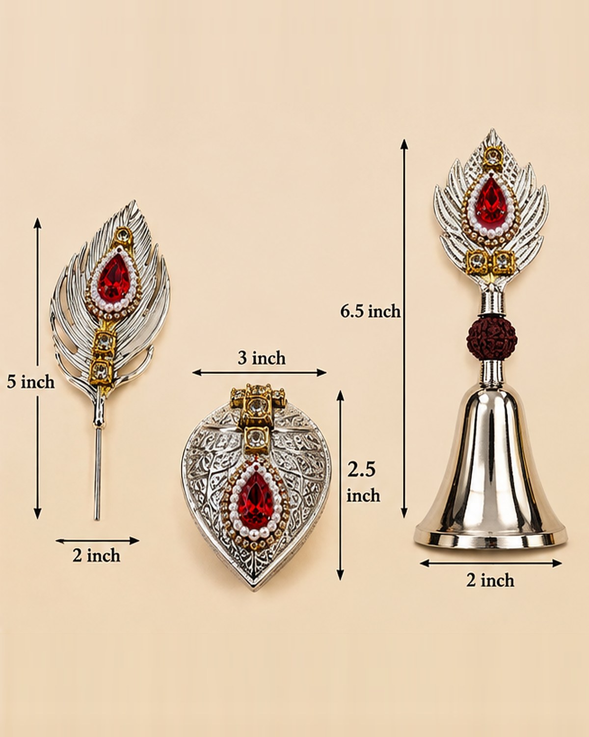 Size chart: bell 6.5 by 2 inches, daani 3 by 2.5 inches, pin 5 by 2 inches