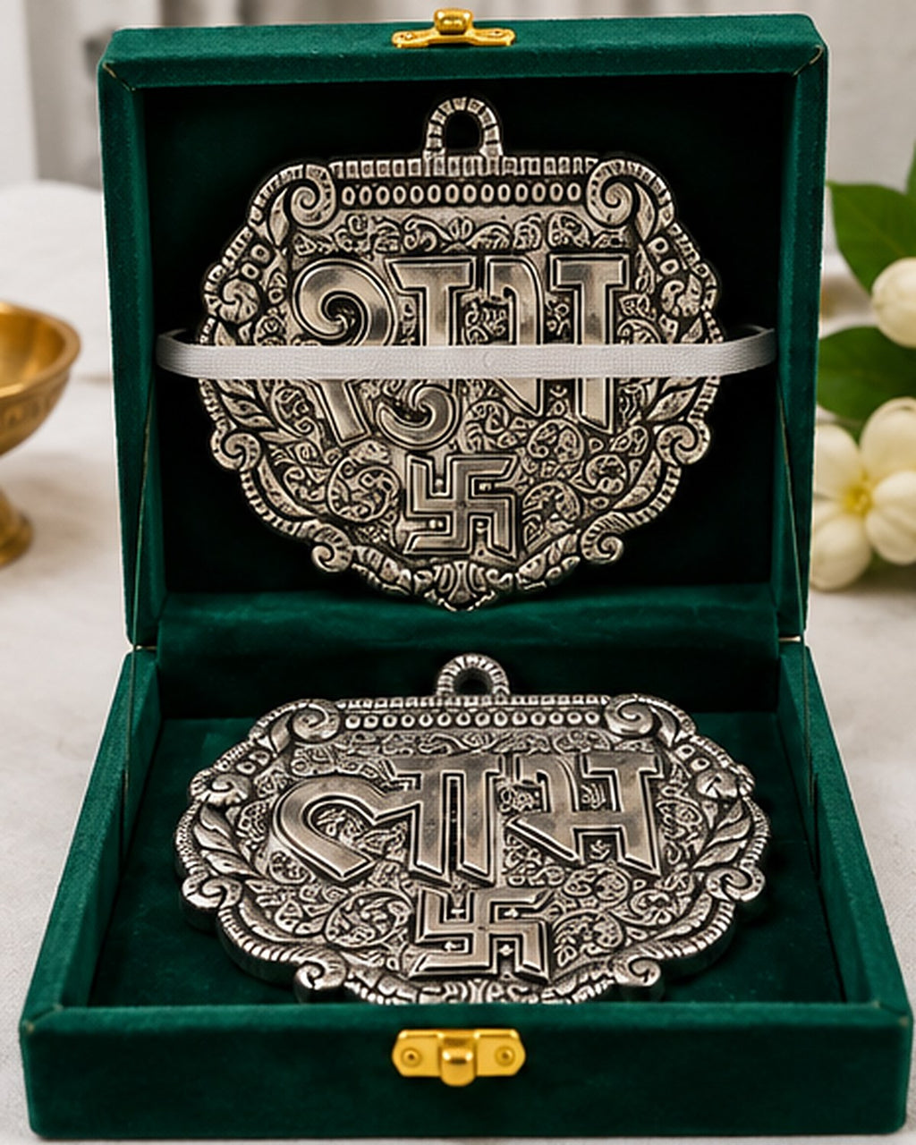 German Silver Shubh and Labh door hangings in a green velvet gift box