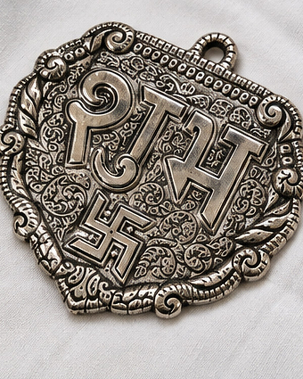 Shubh door hanging in German Silver, raised lettering on chased floral scrollwork