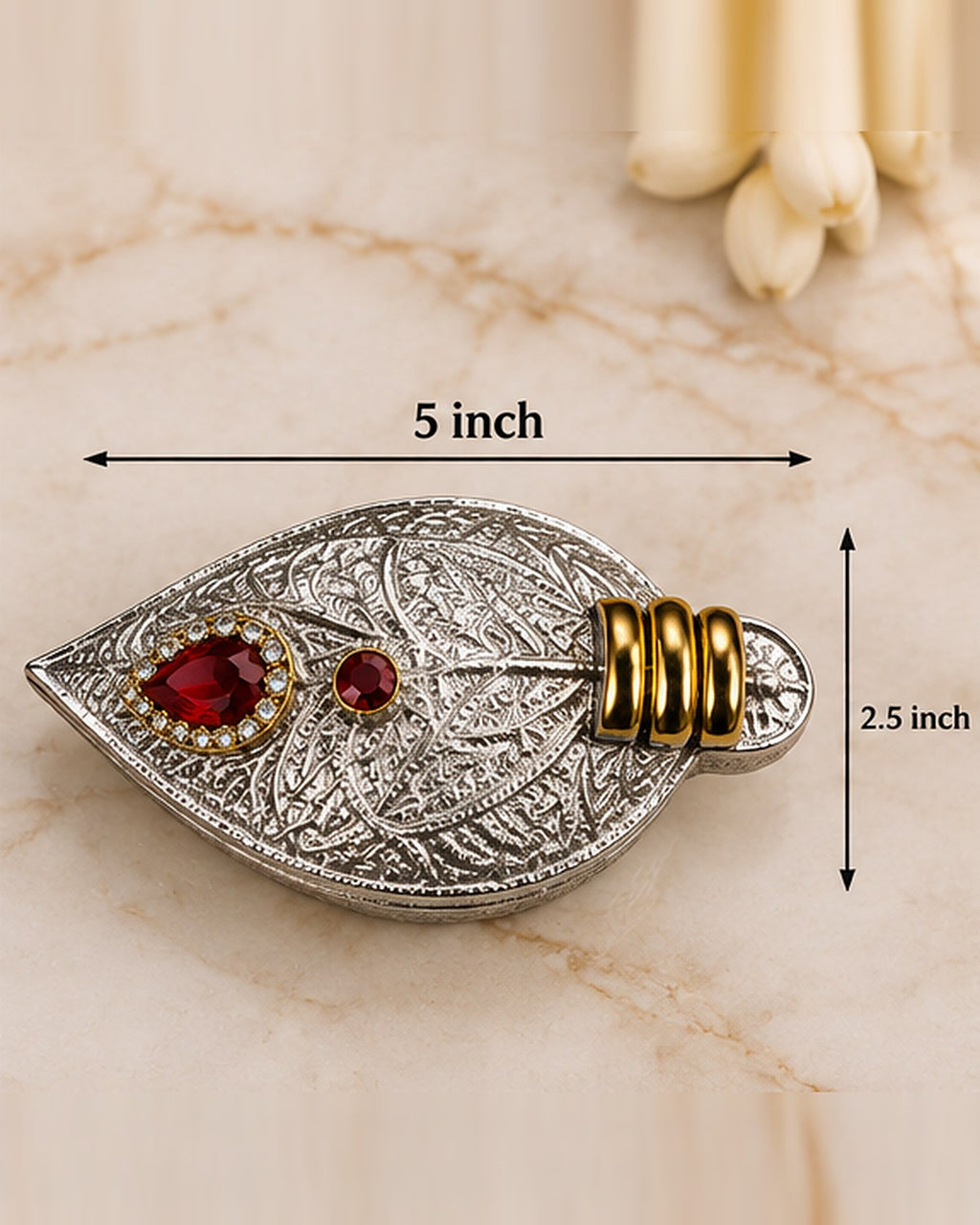 Size chart: sindoor daani 5 inches long and 2.5 inches wide